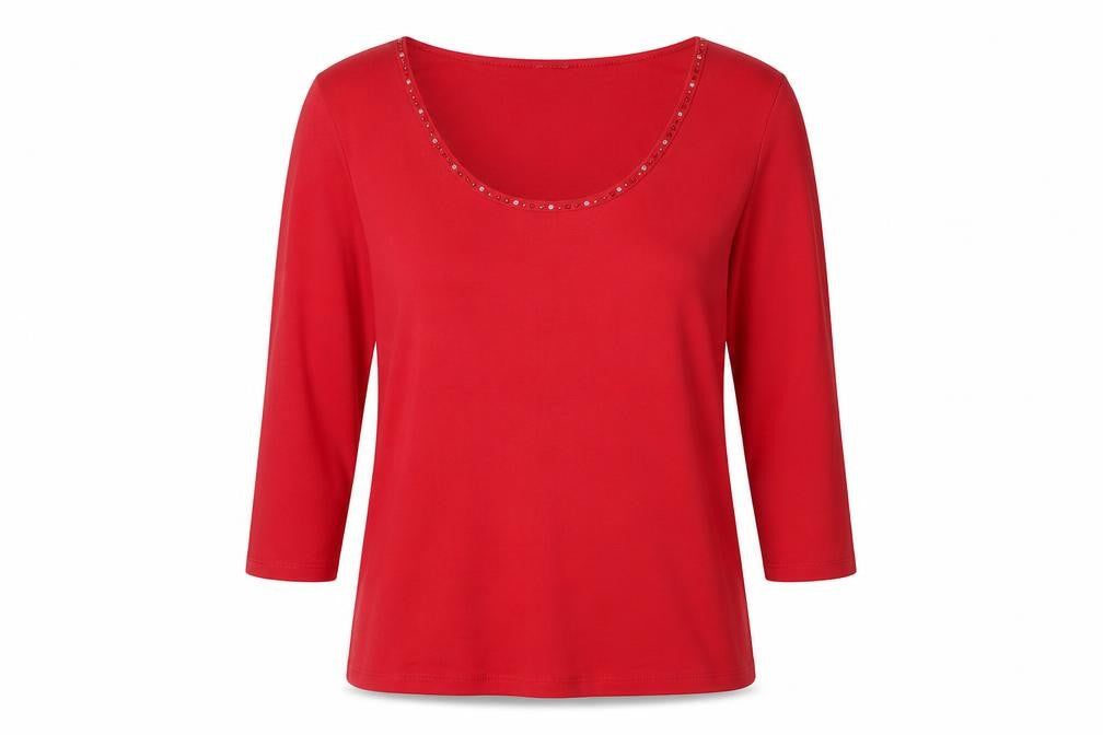 Front view of Marks & Spencer women’s red cotton basic blouse, size UK 14, round neck