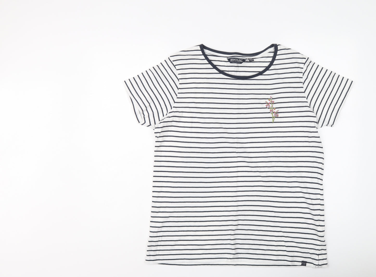 Regatta Womens Blue Striped Cotton Basic T-Shirt Size 16 Round Neck - Floral Detail