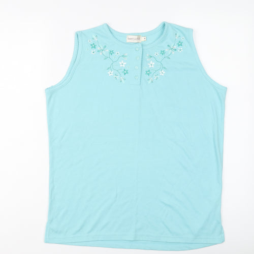 Bonmarché Womens Blue Polyester Basic T-Shirt Size M Henley - Floral Detail