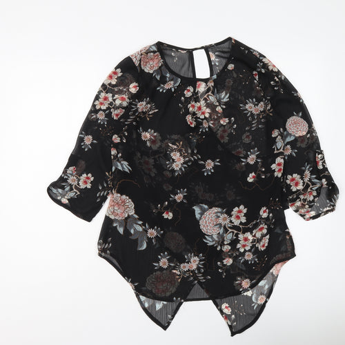 Suzy Shier Womens Black Floral Polyester Basic Blouse Size S Round Neck