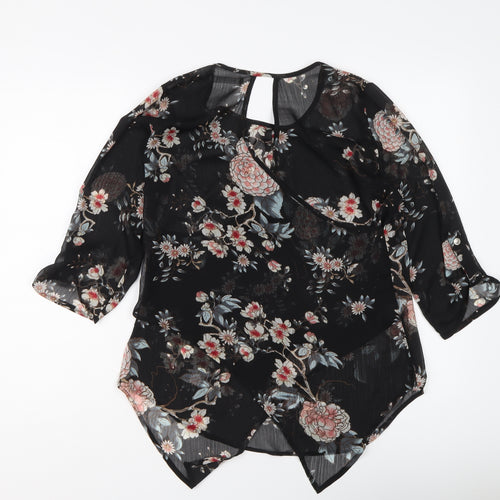 Suzy Shier Womens Black Floral Polyester Basic Blouse Size S Round Neck