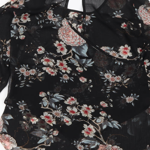 Suzy Shier Womens Black Floral Polyester Basic Blouse Size S Round Neck