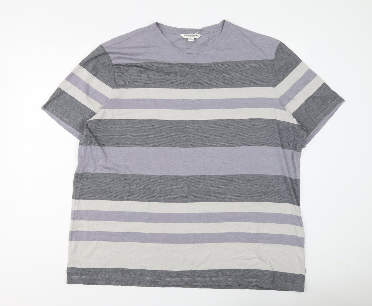 Autograph Mens Grey Striped Cotton T-Shirt Size 3XL Round Neck