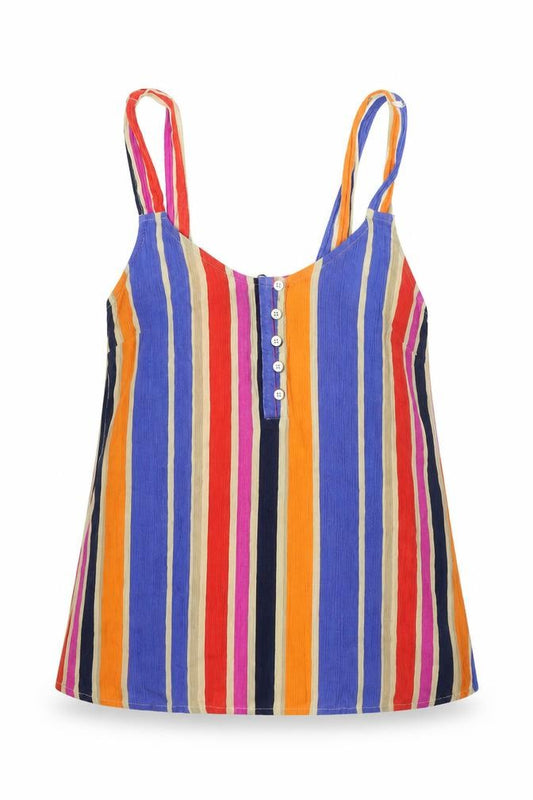 Front view of Next women’s multicoloured striped viscose basic tank, size UK 10, v-neck