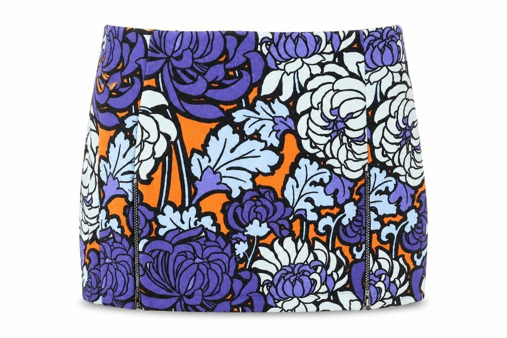 Front view of Topshop women’s multicoloured geometric cotton mini skirt, size UK 8, zip