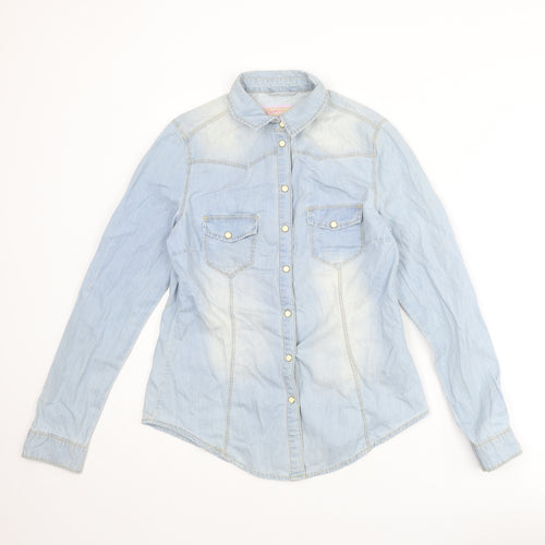 Denim & Co. Womens Blue Cotton Basic Button-Up Size 10 Collared