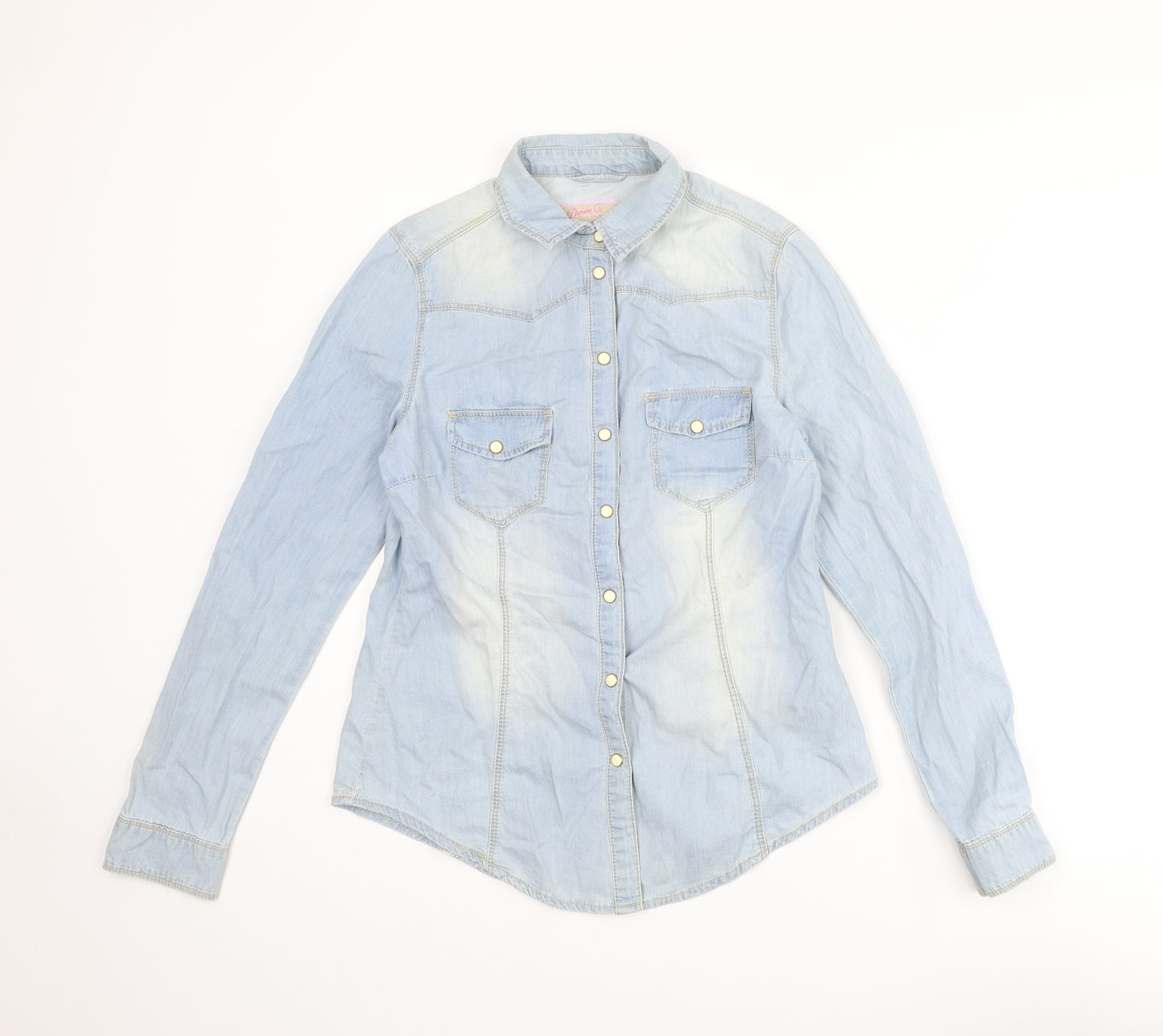 Denim & Co. Womens Blue Cotton Basic Button-Up Size 10 Collared
