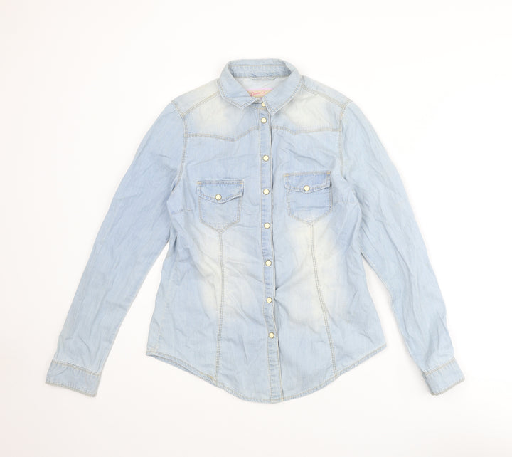 Denim & Co. Womens Blue Cotton Basic Button-Up Size 10 Collared