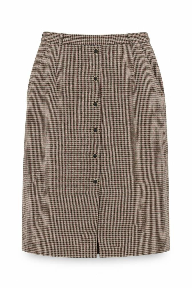 Front view of Essentials women’s multicoloured plaid polyester a-line skirt, size UK 16, zip
