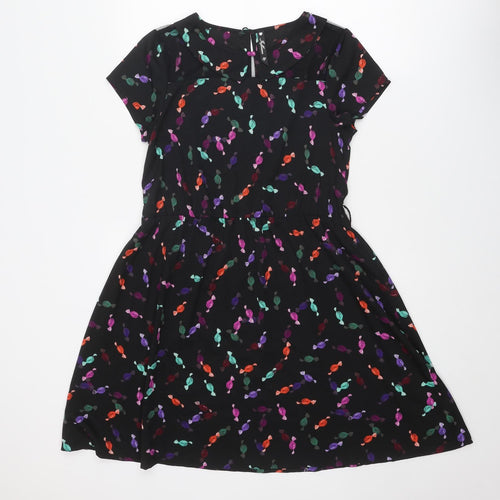 Influence Womens Black Floral Polyester Fit & Flare Size 10 Round Neck Button - Sweet pattern