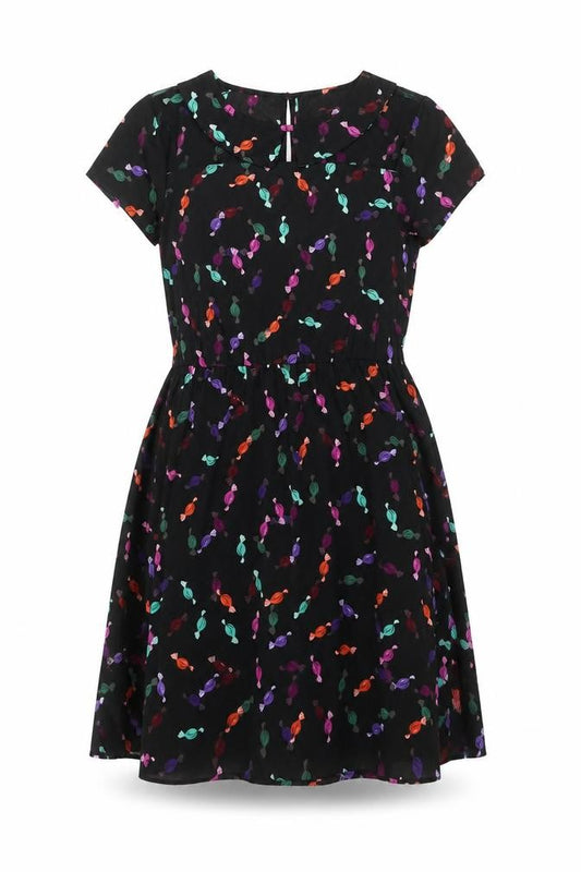 Front view of Influence women’s black floral polyester fit & flare, size UK 10, round neck button - sweet pattern
