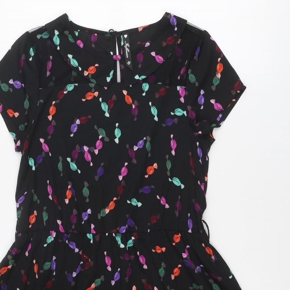 Influence Womens Black Floral Polyester Fit & Flare Size 10 Round Neck Button - Sweet pattern