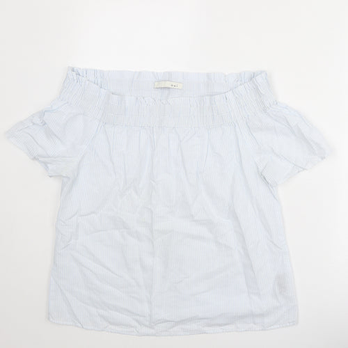 Oui Womens Blue Striped Cotton Basic Blouse Size 10 Off the Shoulder