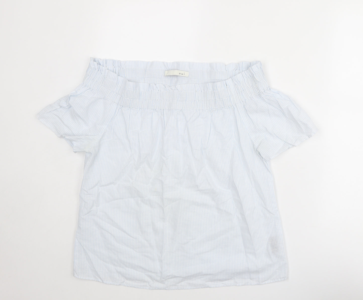 Oui Womens Blue Striped Cotton Basic Blouse Size 10 Off the Shoulder