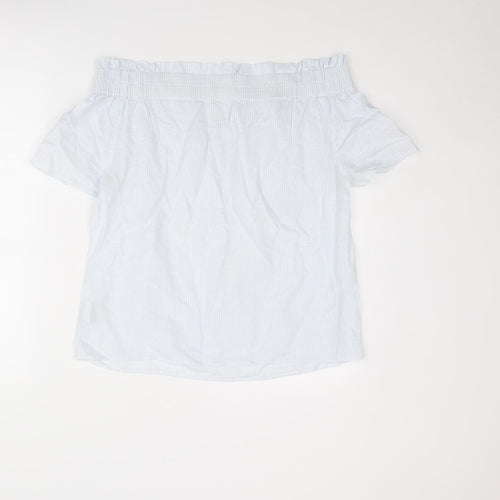 Oui Womens Blue Striped Cotton Basic Blouse Size 10 Off the Shoulder