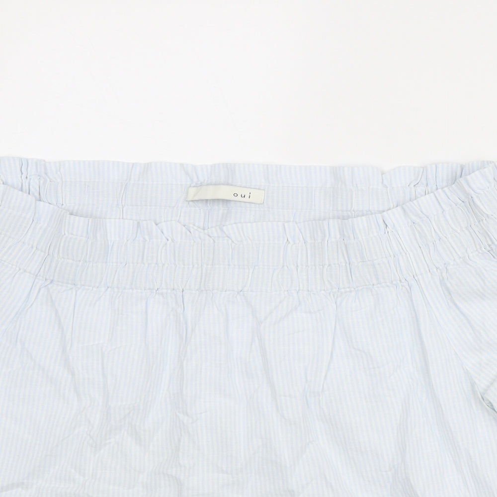 Oui Womens Blue Striped Cotton Basic Blouse Size 10 Off the Shoulder
