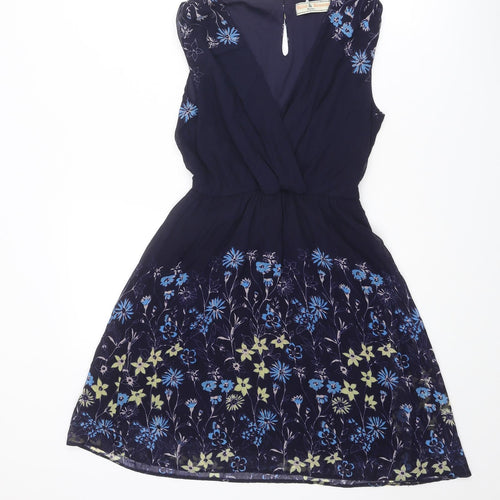 Dorothy Perkins Womens Blue Floral Polyester Fit & Flare Size 8 V-Neck Button