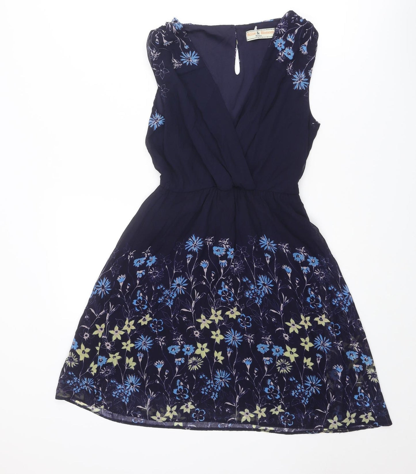 Dorothy Perkins Womens Blue Floral Polyester Fit & Flare Size 8 V-Neck Button