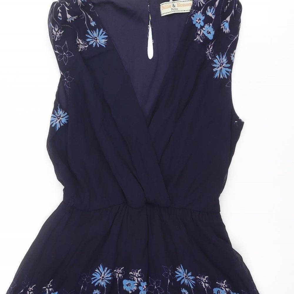 Dorothy Perkins Womens Blue Floral Polyester Fit & Flare Size 8 V-Neck Button