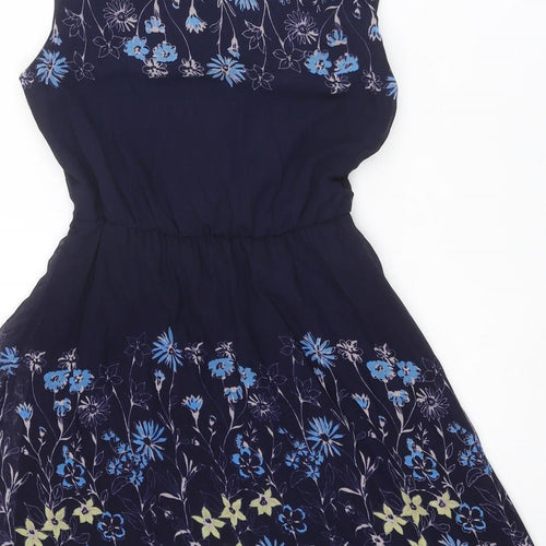 Dorothy Perkins Womens Blue Floral Polyester Fit & Flare Size 8 V-Neck Button