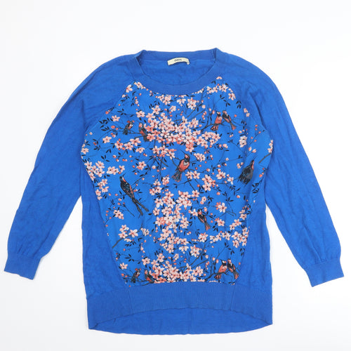 Oasis Womens Blue Round Neck Floral Cotton Pullover Jumper Size L