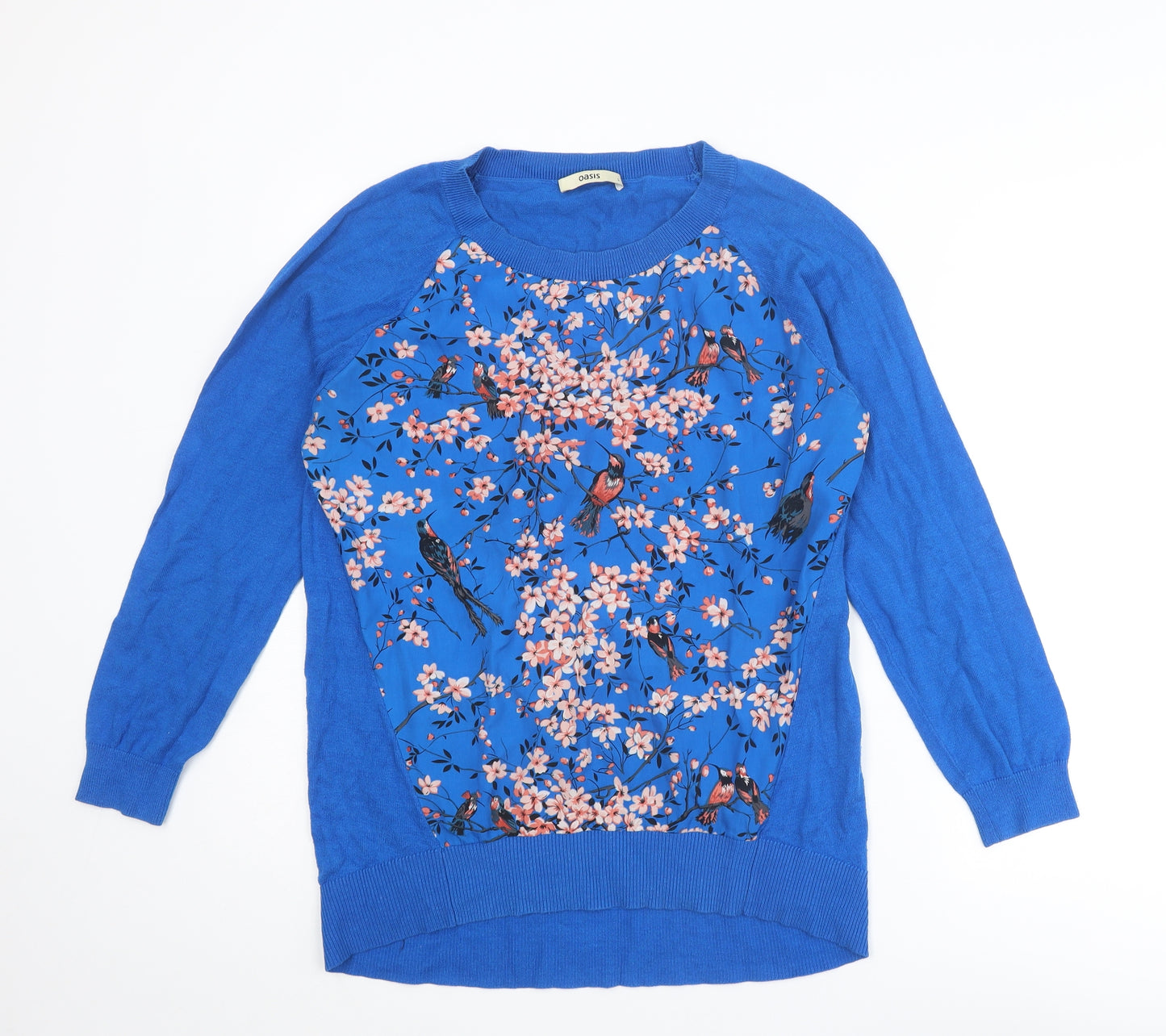 Oasis Womens Blue Round Neck Floral Cotton Pullover Jumper Size L