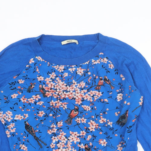 Oasis Womens Blue Round Neck Floral Cotton Pullover Jumper Size L
