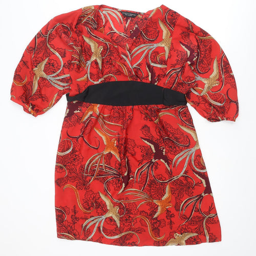 Dorothy Perkins Womens Red Geometric Polyester A-Line Size 12 V-Neck Pullover - Bird pattern
