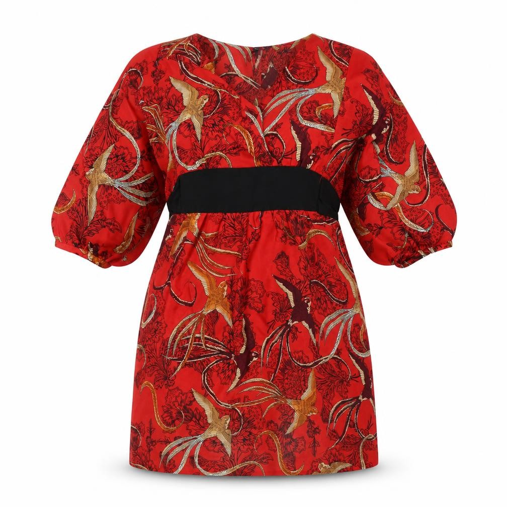 Front view of Dorothy Perkins women’s red geometric polyester a-line, size UK 12, v-neck pullover - bird pattern