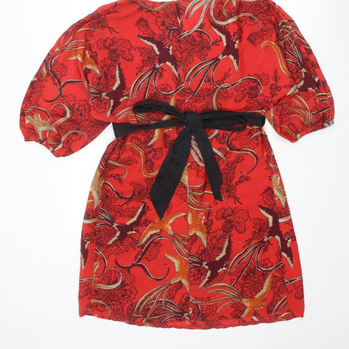 Dorothy Perkins Womens Red Geometric Polyester A-Line Size 12 V-Neck Pullover - Bird pattern