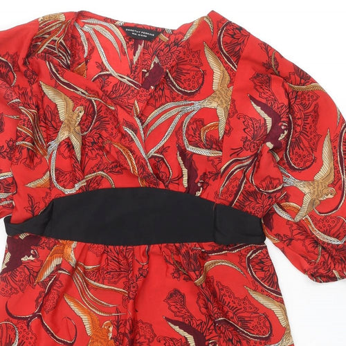 Dorothy Perkins Womens Red Geometric Polyester A-Line Size 12 V-Neck Pullover - Bird pattern