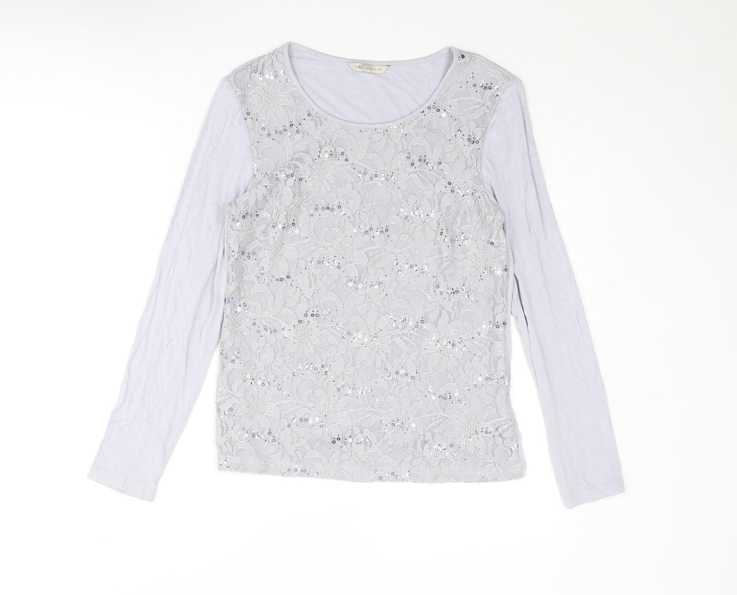 Marks and Spencer Womens Grey Viscose Basic T-Shirt Size 8 Boat Neck - Lace Front