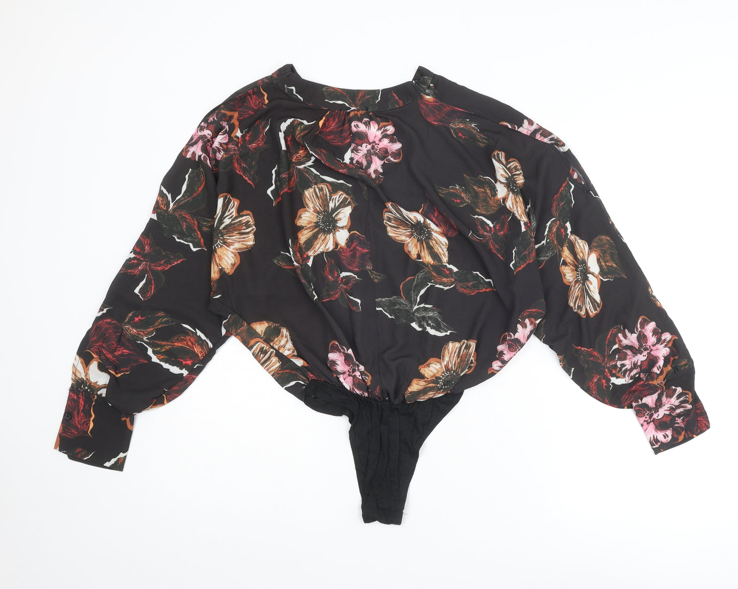 Boohoo Womens Black Floral Polyester Bodysuit One-Piece Size 8 Snap