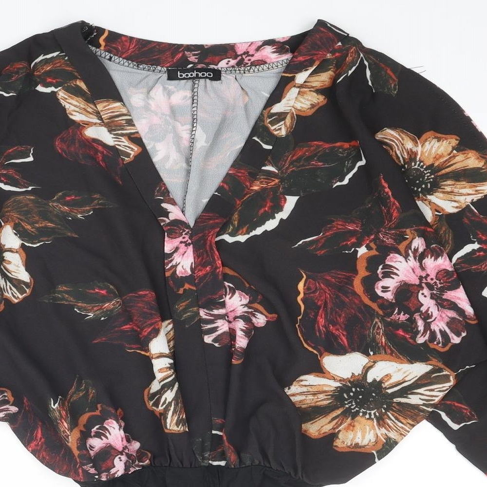Boohoo Womens Black Floral Polyester Bodysuit One-Piece Size 8 Snap