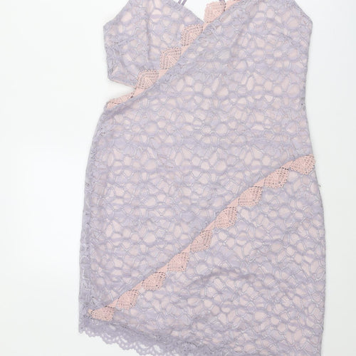 Topshop Womens Purple Floral Nylon Slip Dress Size 16 V-Neck Zip