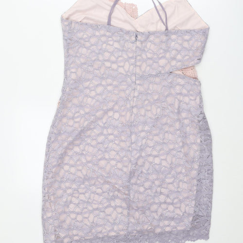 Topshop Womens Purple Floral Nylon Slip Dress Size 16 V-Neck Zip