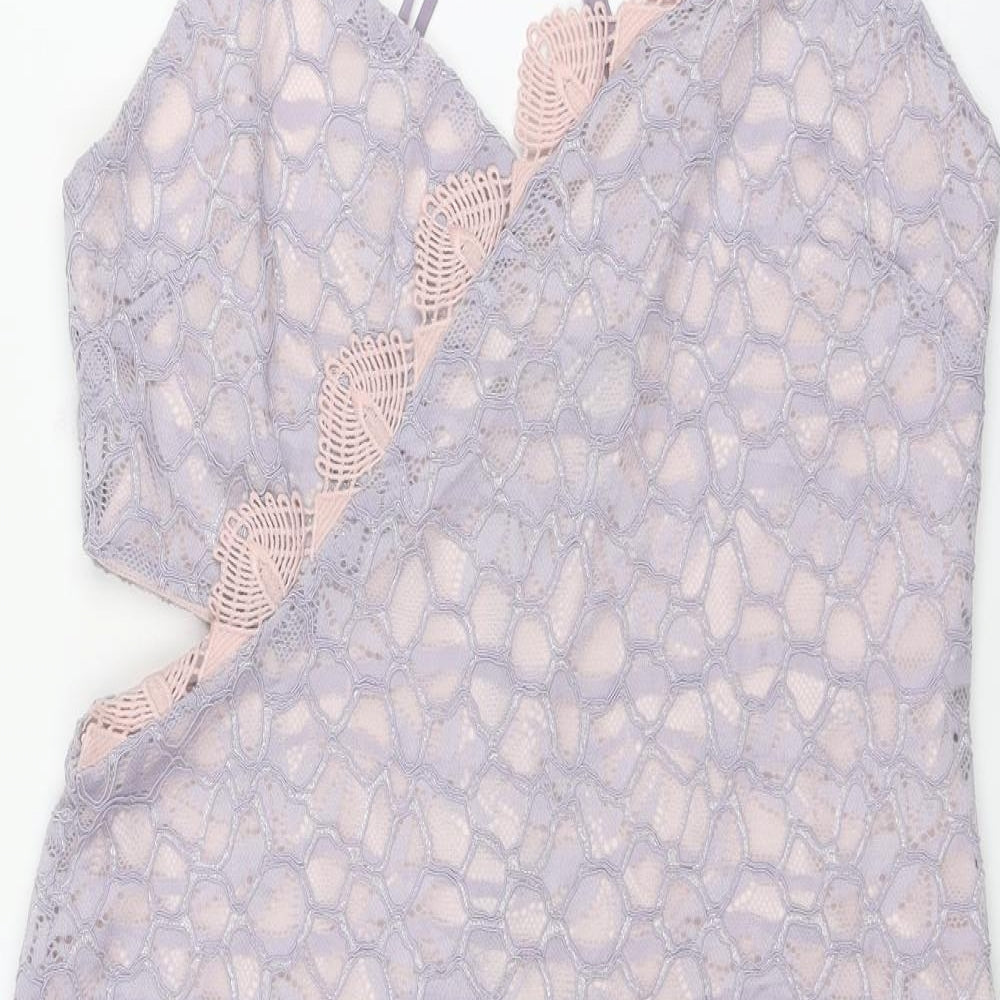 Topshop Womens Purple Floral Nylon Slip Dress Size 16 V-Neck Zip