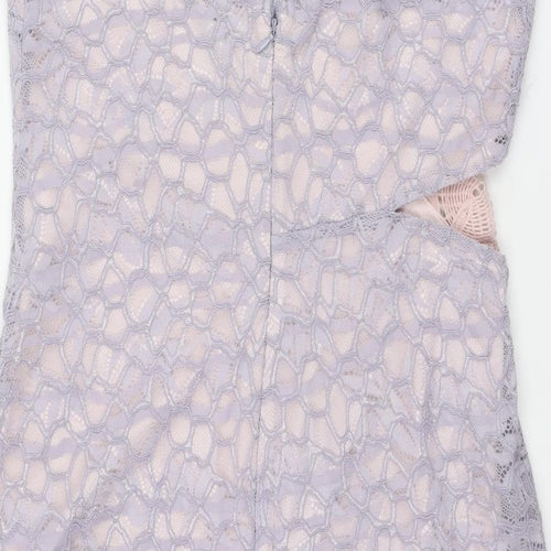 Topshop Womens Purple Floral Nylon Slip Dress Size 16 V-Neck Zip