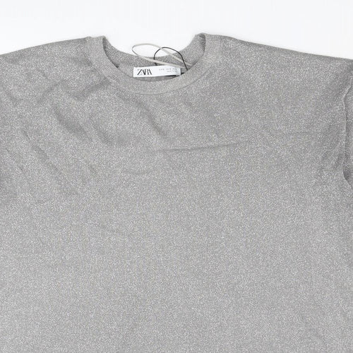 Zara Womens Silver Round Neck Polyester Pullover Jumper Size S
