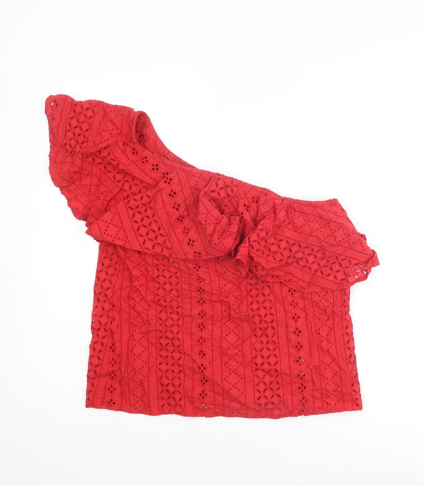 NEXT Womens Red Cotton Basic Tank Size 12 One Shoulder - Asymmetric Neckline, Broderie Anglaise