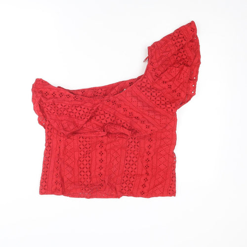 NEXT Womens Red Cotton Basic Tank Size 12 One Shoulder - Asymmetric Neckline, Broderie Anglaise
