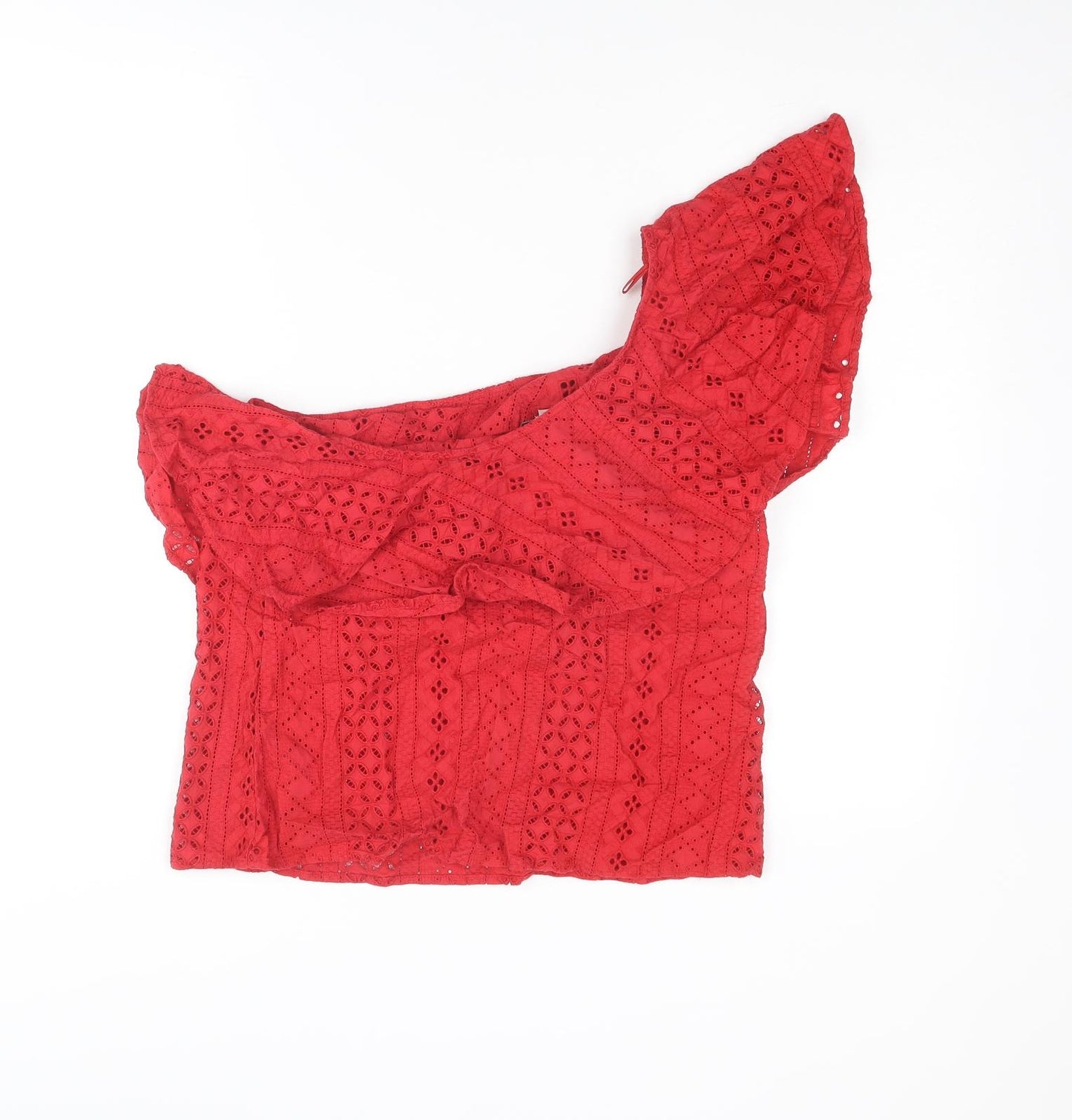NEXT Womens Red Cotton Basic Tank Size 12 One Shoulder - Asymmetric Neckline, Broderie Anglaise