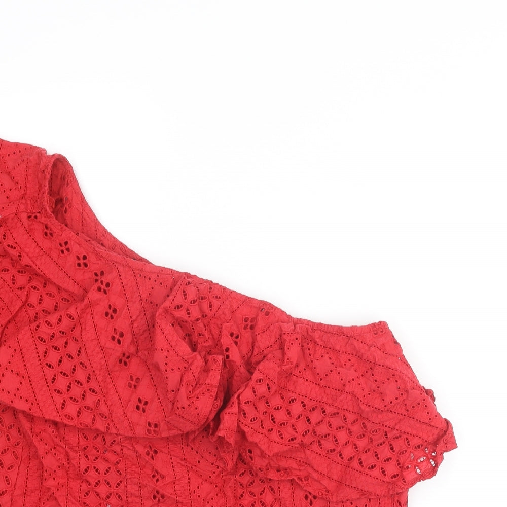 NEXT Womens Red Cotton Basic Tank Size 12 One Shoulder - Asymmetric Neckline, Broderie Anglaise