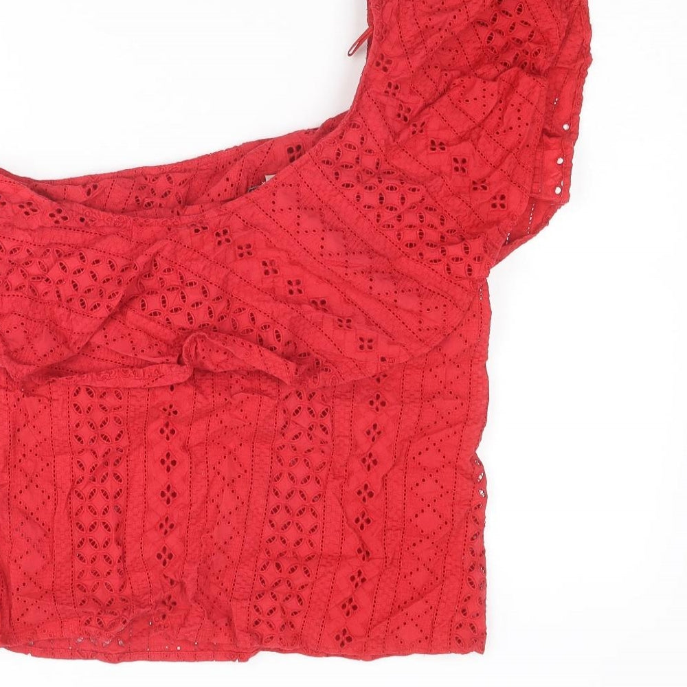 NEXT Womens Red Cotton Basic Tank Size 12 One Shoulder - Asymmetric Neckline, Broderie Anglaise