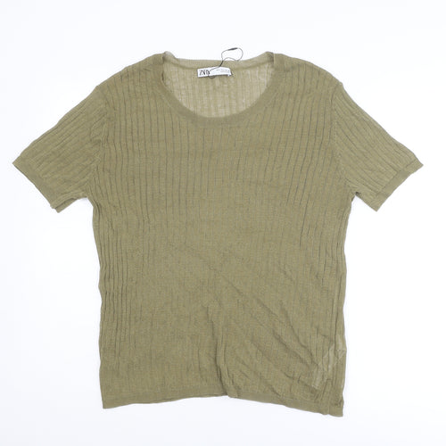 Zara Womens Green Round Neck Cotton Pullover Jumper Size L