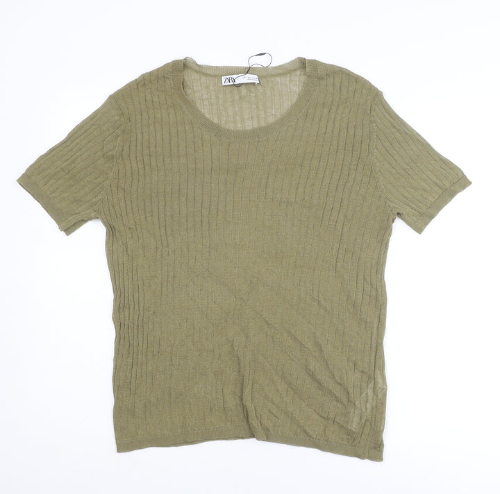 Zara Womens Green Round Neck Cotton Pullover Jumper Size L