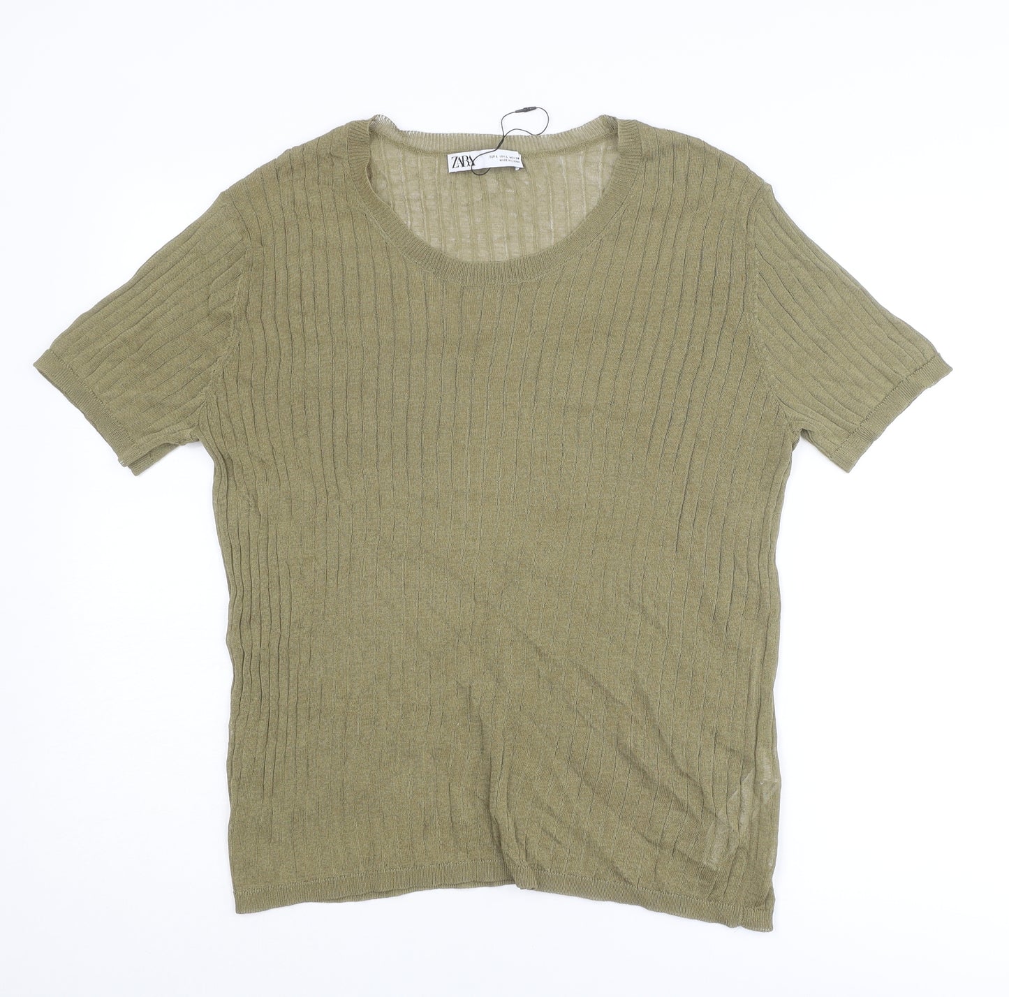 Zara Womens Green Round Neck Cotton Pullover Jumper Size L