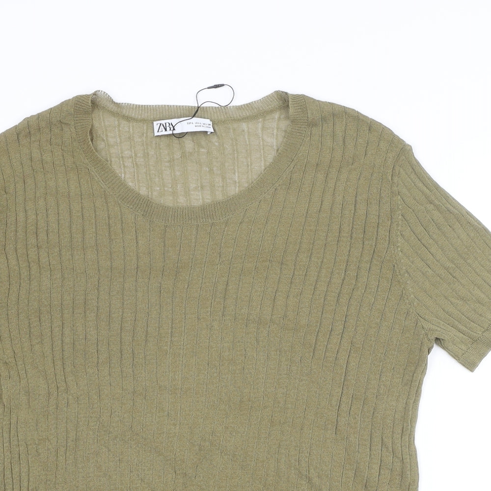Zara Womens Green Round Neck Cotton Pullover Jumper Size L