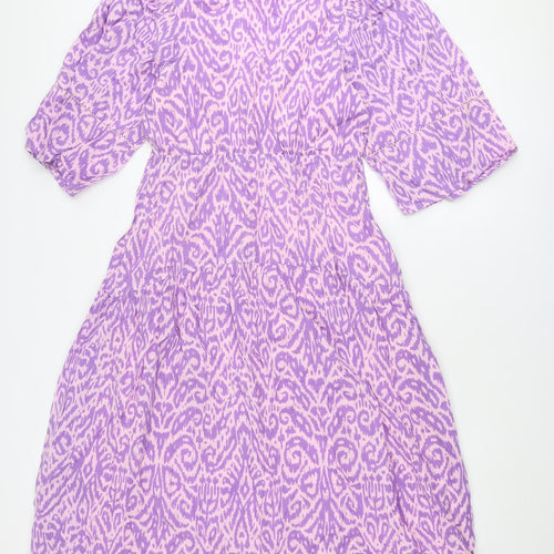 Oliver Bonas Womens Purple Geometric Cotton A-Line Size 8 V-Neck Tie