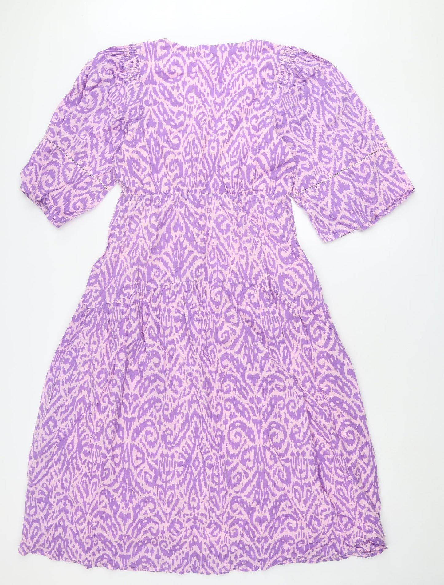 Oliver Bonas Womens Purple Geometric Cotton A-Line Size 8 V-Neck Tie